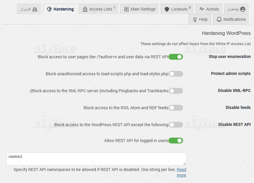تنظیمات تب hardening افزونه cerber security