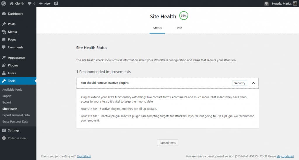 امکان site health یا بررسی سلامت سایت در وردپرس 5.2